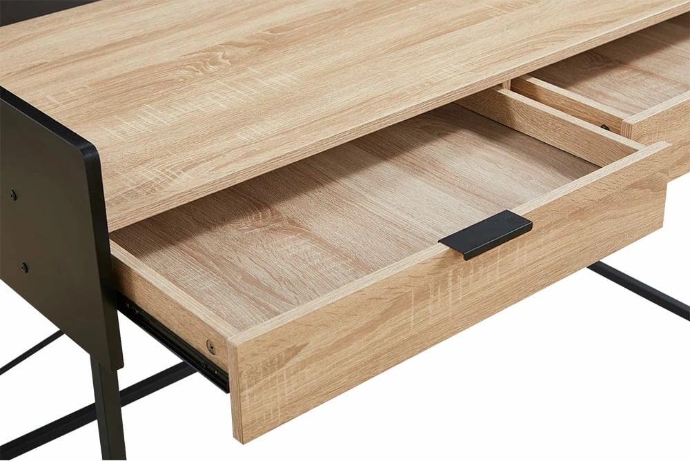 Tavolinë pune me 2 sirtarë, ngjyrë natyrale/zezë, HOMI, 123x60x86 cm