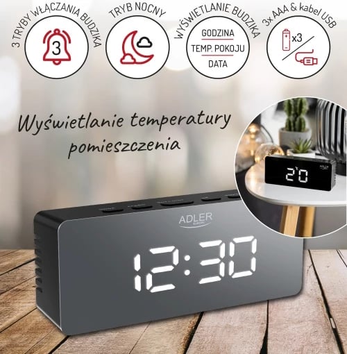 Orë alarmi, Adler, AD 1189, LED me temperaturë dhome, 3 mënyra alarmi, USB + 3xAAA, e zezë
