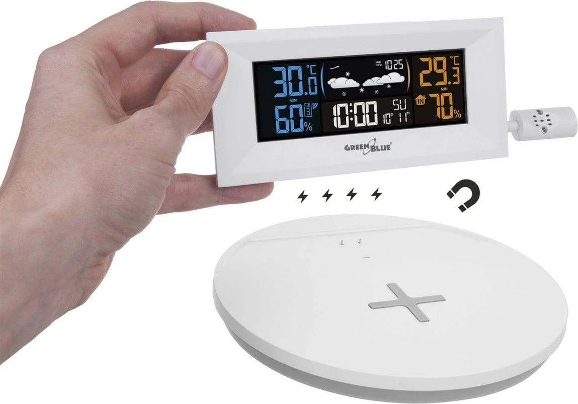 Stacion moti pa tela me karikues Qi, GreenBlue GB213, ekran LCD me ngjyra, sensor i jashtëm 60 m, portë USB, i bardhë