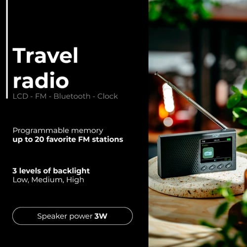 Radio portative FM, Adler AD 1198, Bluetooth 5.0, ekran LCD me ngjyra 2.4", memorie 20 stacione, bateri 1200 mAh