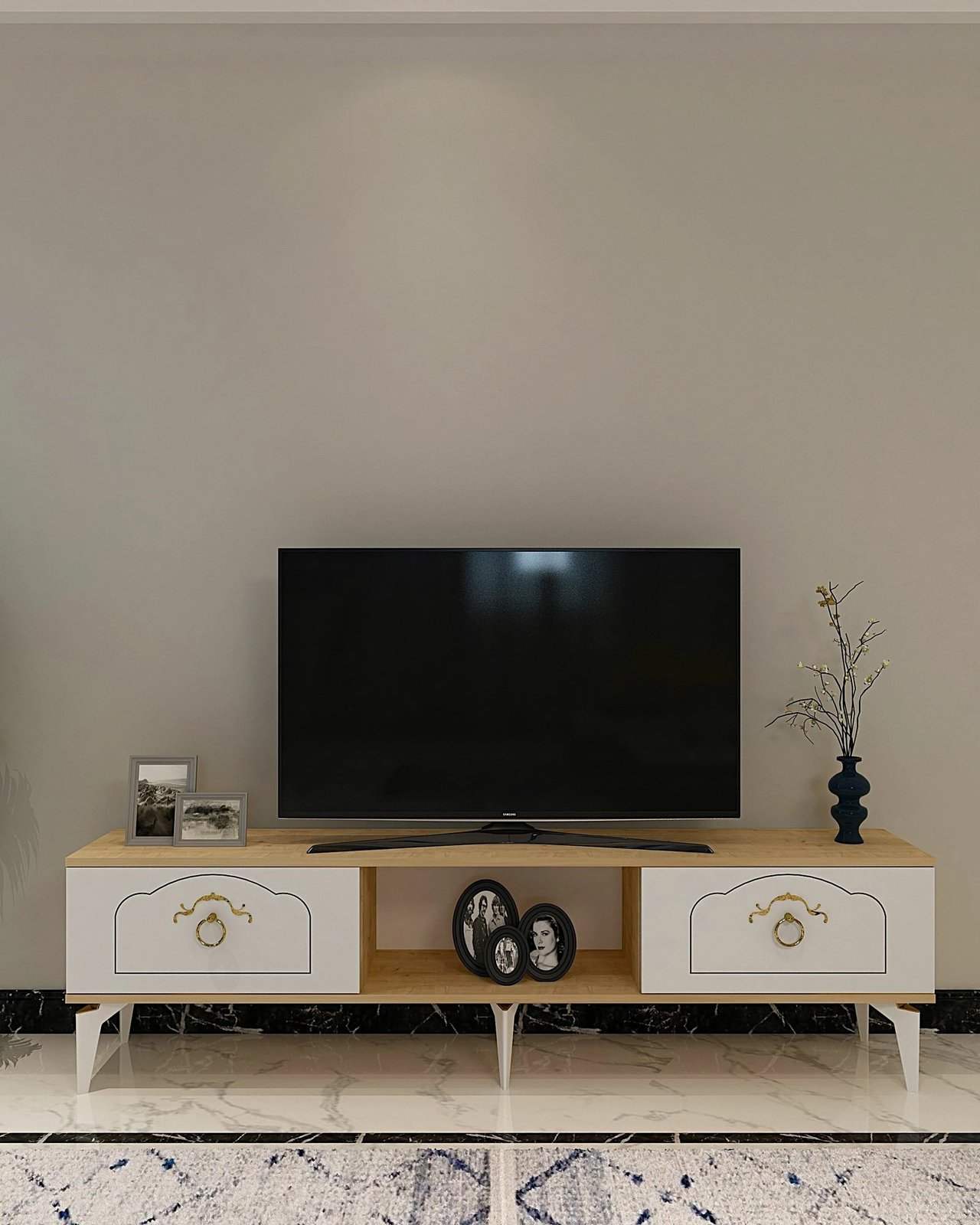 Komodinë TV Skye Decor, ngjyrë lis safir, e bardhë