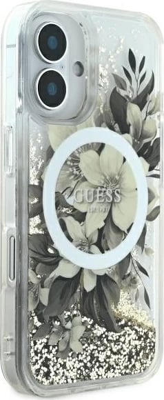 Mbështjellës Guess Liquid Glitter Flower MagSafe për iPhone 16, Bezhe