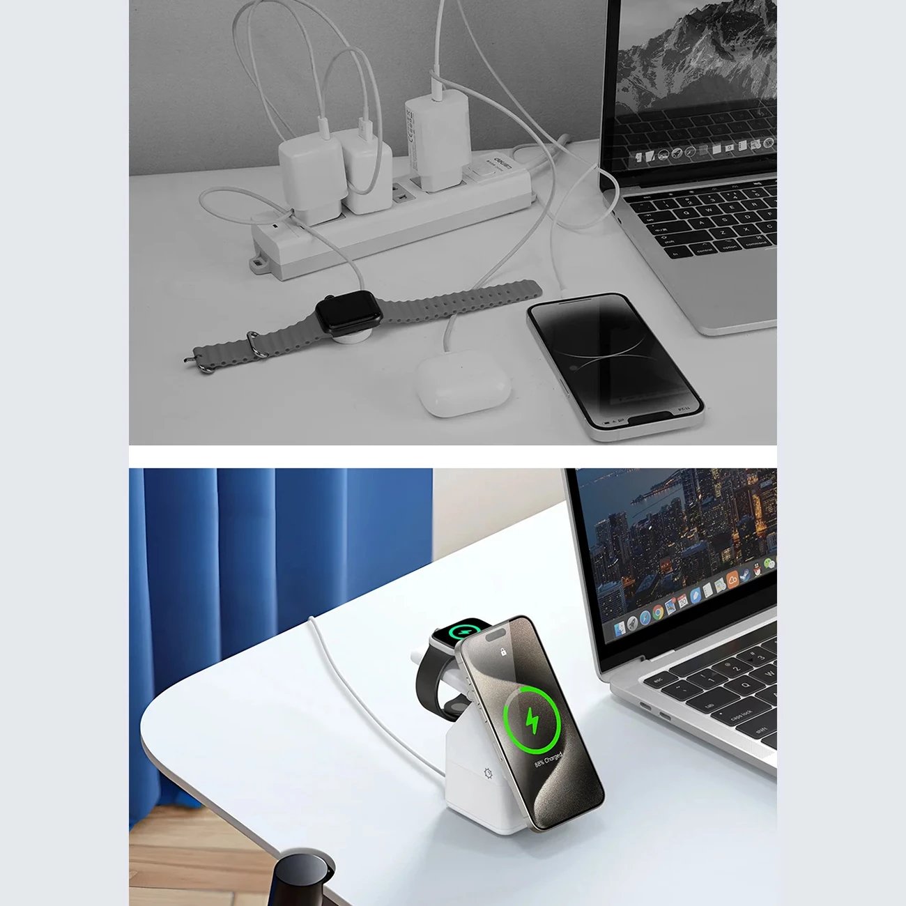Karikues wireless Duzzona W20 4-në-1 me llambë nate, 15W, për iPhone/Apple Watch/AirPods, Bardhë