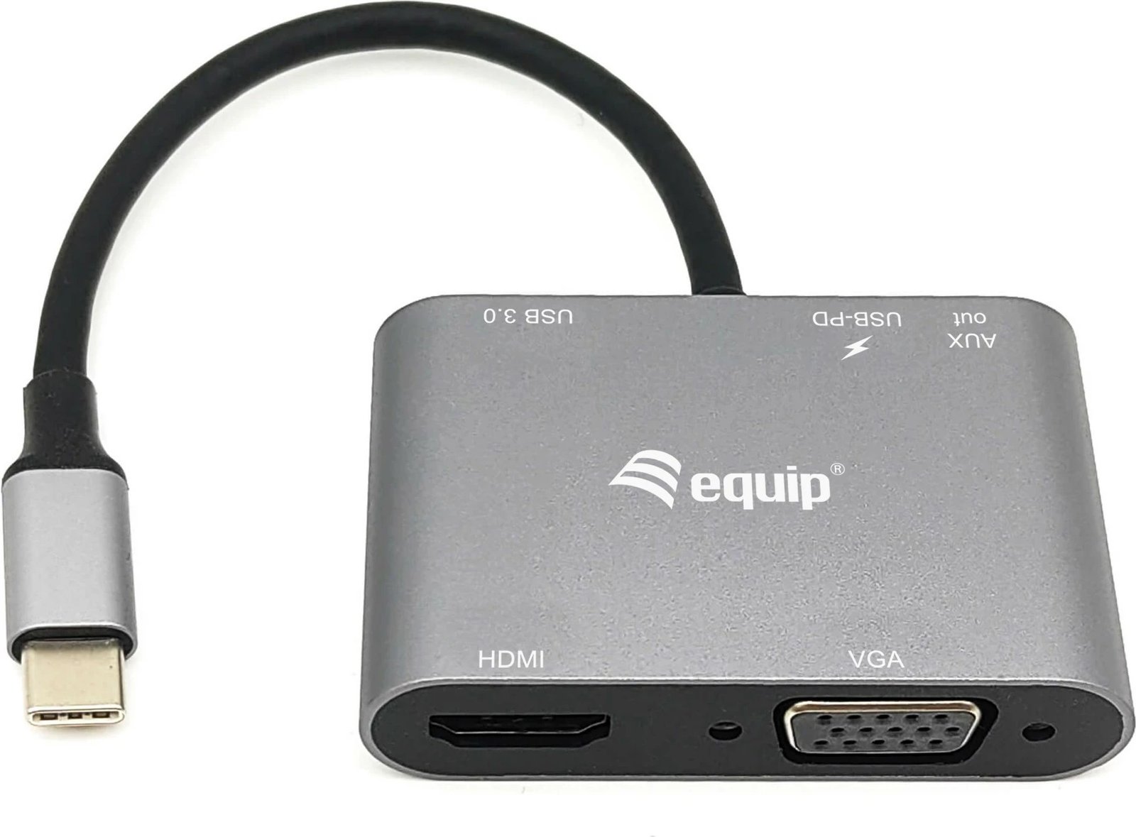 Adapter USB-C multifunksional Equip 5-në-1, 100W, HDMI, VGA, USB 3.0, AUX, zi/gri