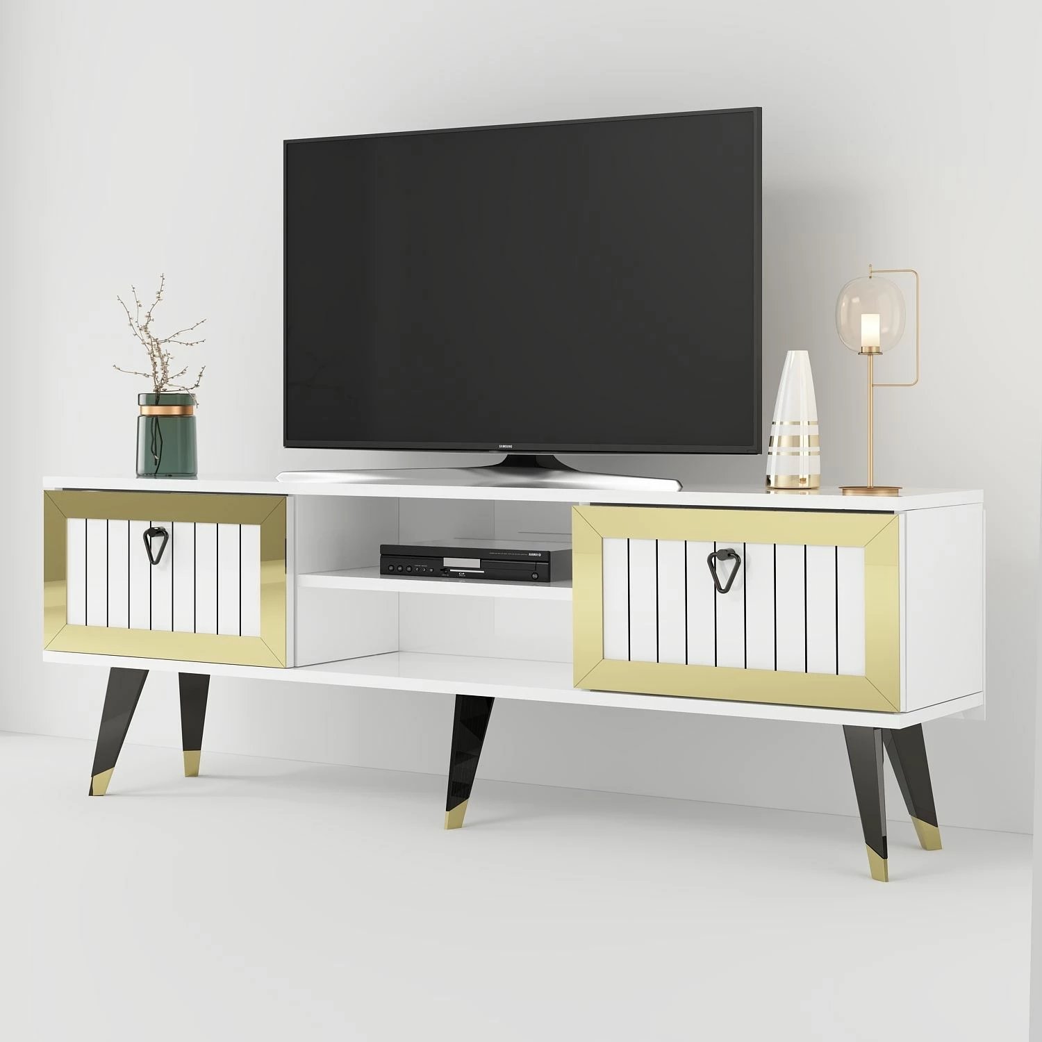 Komodë për TV Skye Decor, Lidya, e bardhë dhe ari