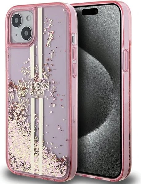 Mbështjellës Guess Liquid Glitter Gold Stripes për iPhone 15 Plus / 14 Plus, Rozë
