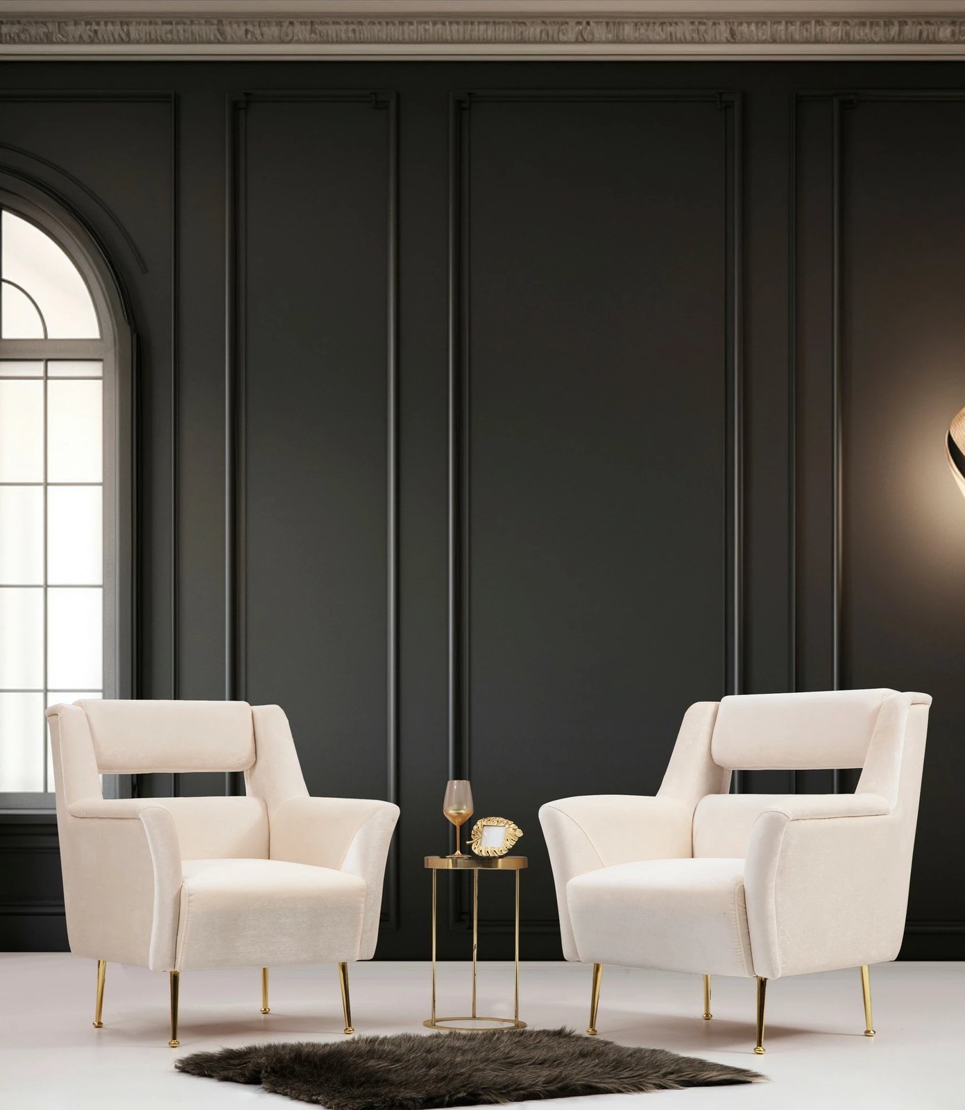 Karrige krahu Mira, krem, këmbë metalike ari