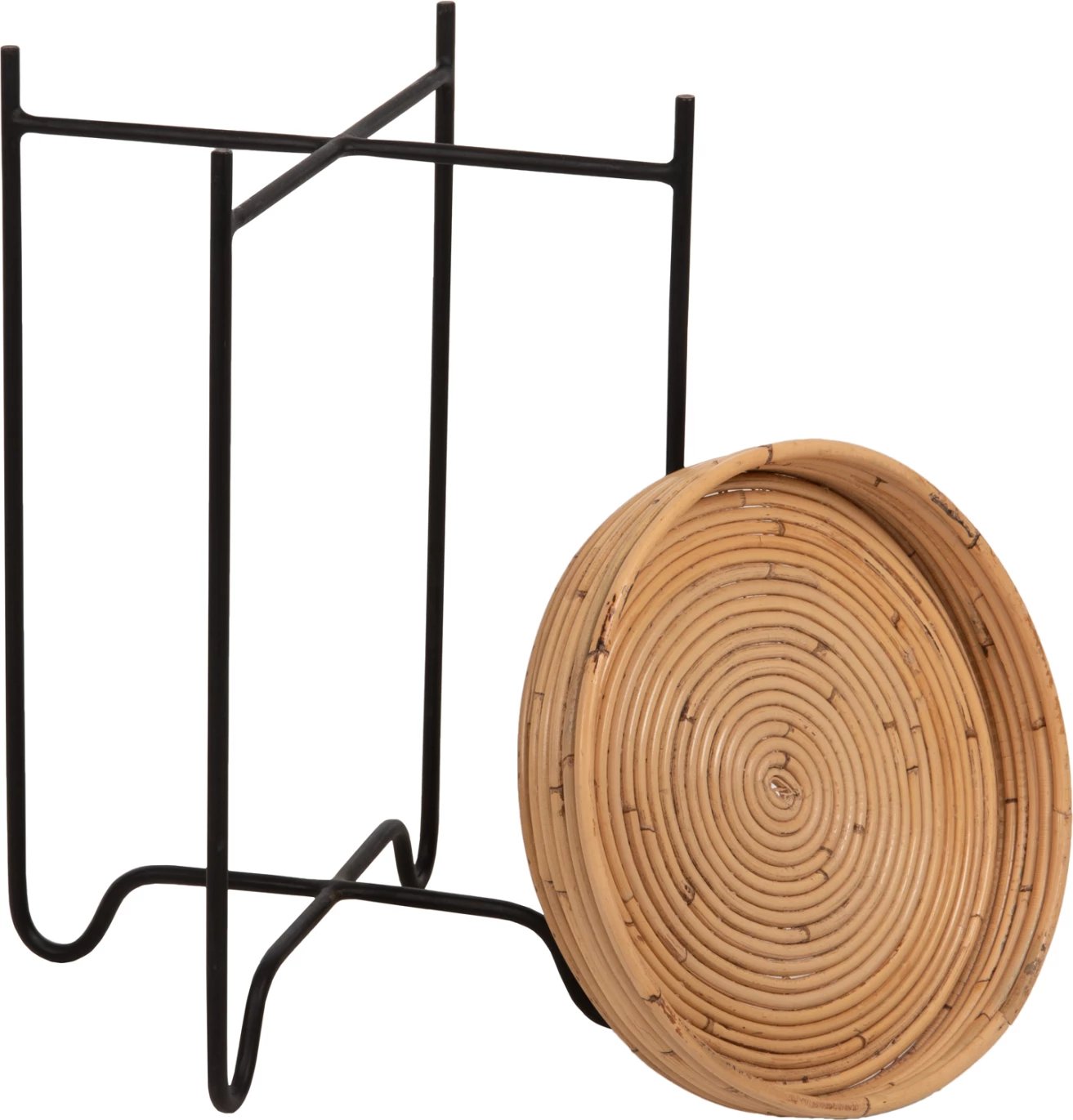 Tavolinë anësore e rrumbullakët FLY, ratan natyral, bazë metalike e zezë, FH7905, Φ32x48H cm