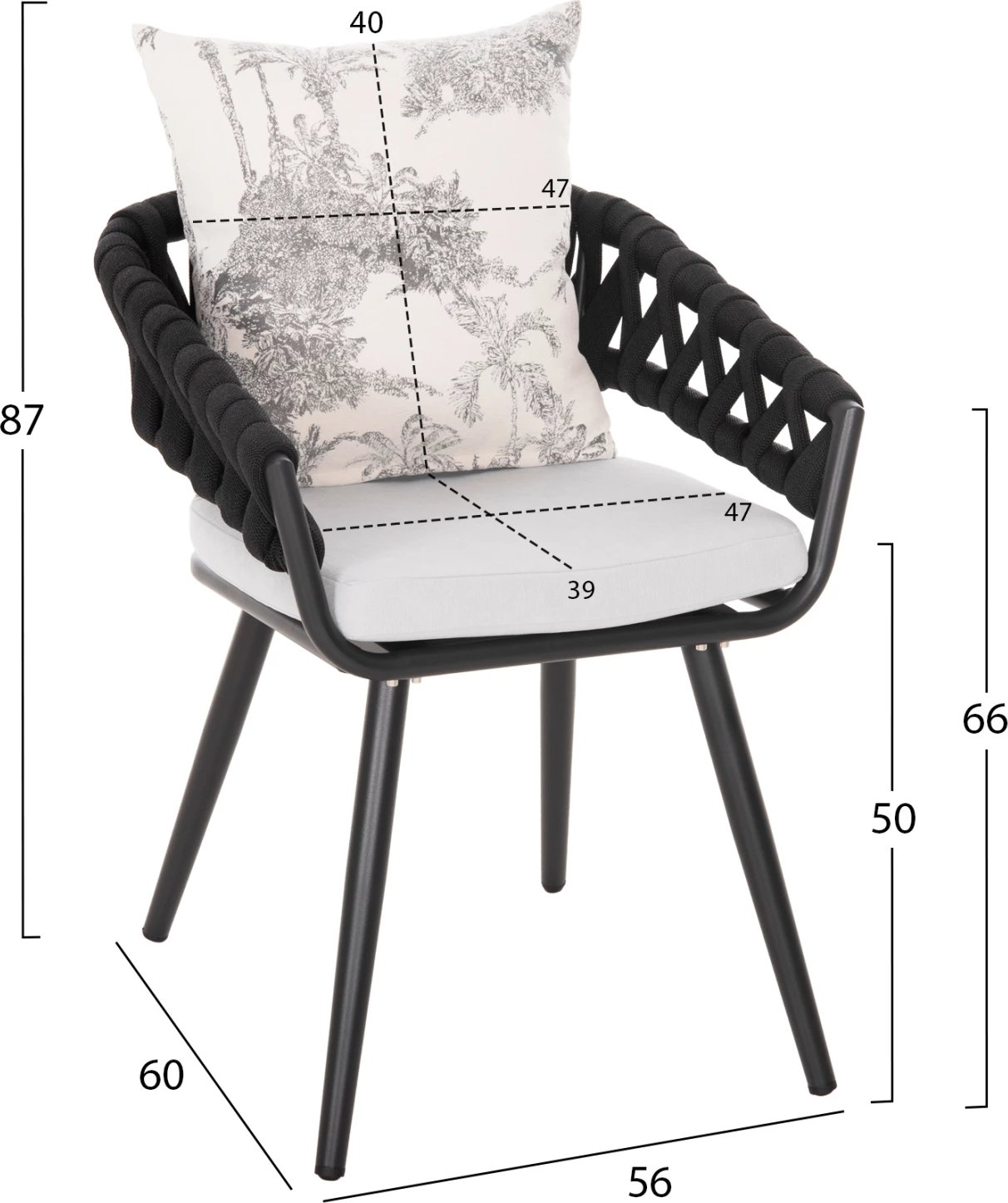 Karrige alumini CAMDEN FH6141.01 jastëk mbrapa ngjyrë ecru me dizajn print-antracit 56x60x72-87Hcm