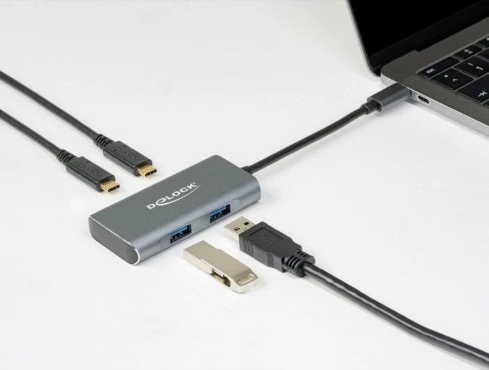 USB hub DeLOCK 4 porta, USB 3.2 Gen 2, 10 Gbps, alumini, gri