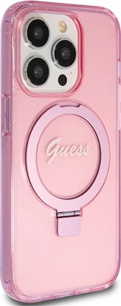 Mbështjellës Guess Ring Stand Script Glitter MagSafe për iPhone 15 Pro, Rozë
