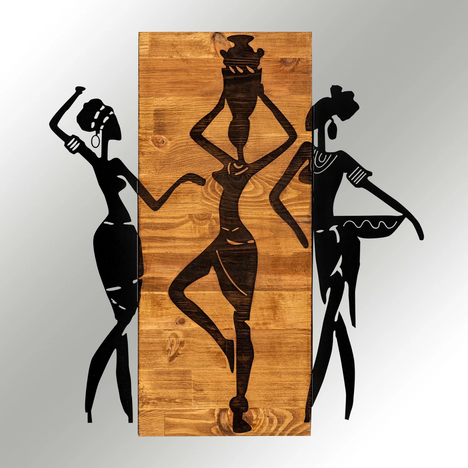 Aksesor dekorativ për mur, dru dhe metal, Wallity, Afrikan, ngjyrë e zezë dhe arre, 54x58cm