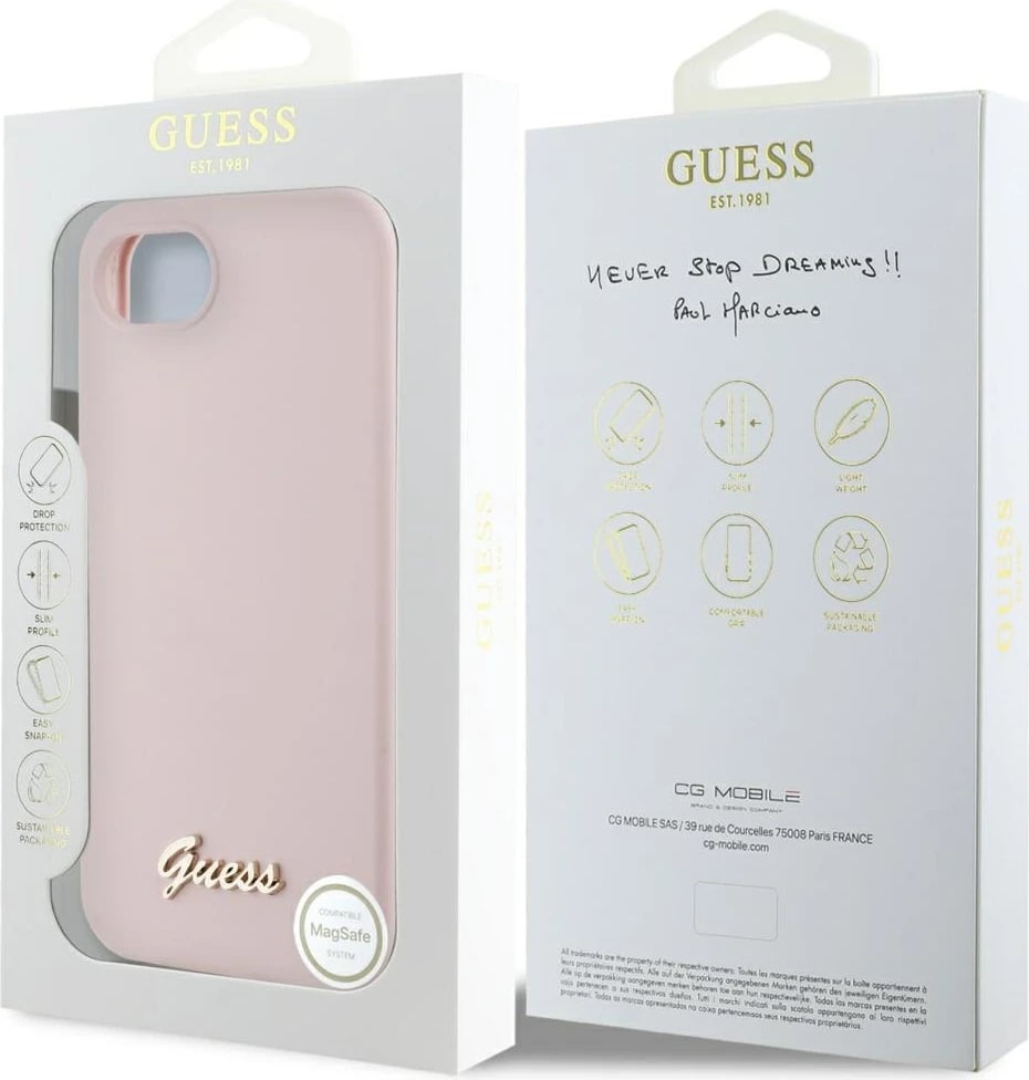 Mbështjellës Guess Silicone Script Metal Logo MagSafe për iPhone 16e, Rozë