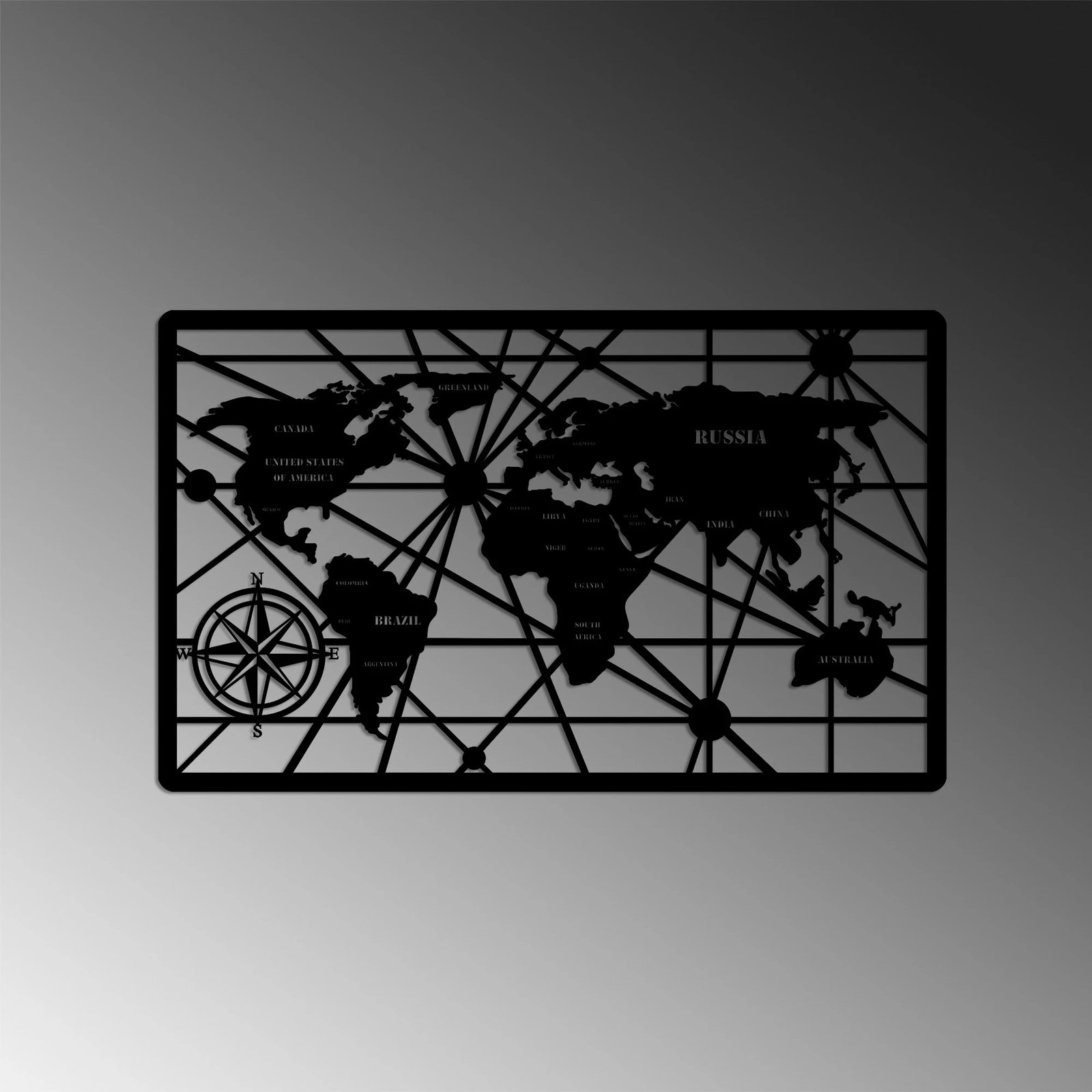 Aksesor dekorativ metalik për mur, hartë bote, Wallity, 50x82cm, e zezë