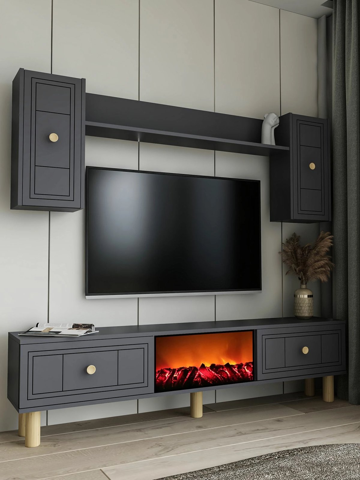 Komodë TV Skye Decor, Dario Bohem me oxhak dekorativ, ngjyrë antracit