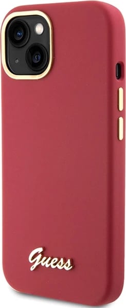 Mbështjellës Guess Silicone Script Metal Logo & Frame për iPhone 15, Kuq