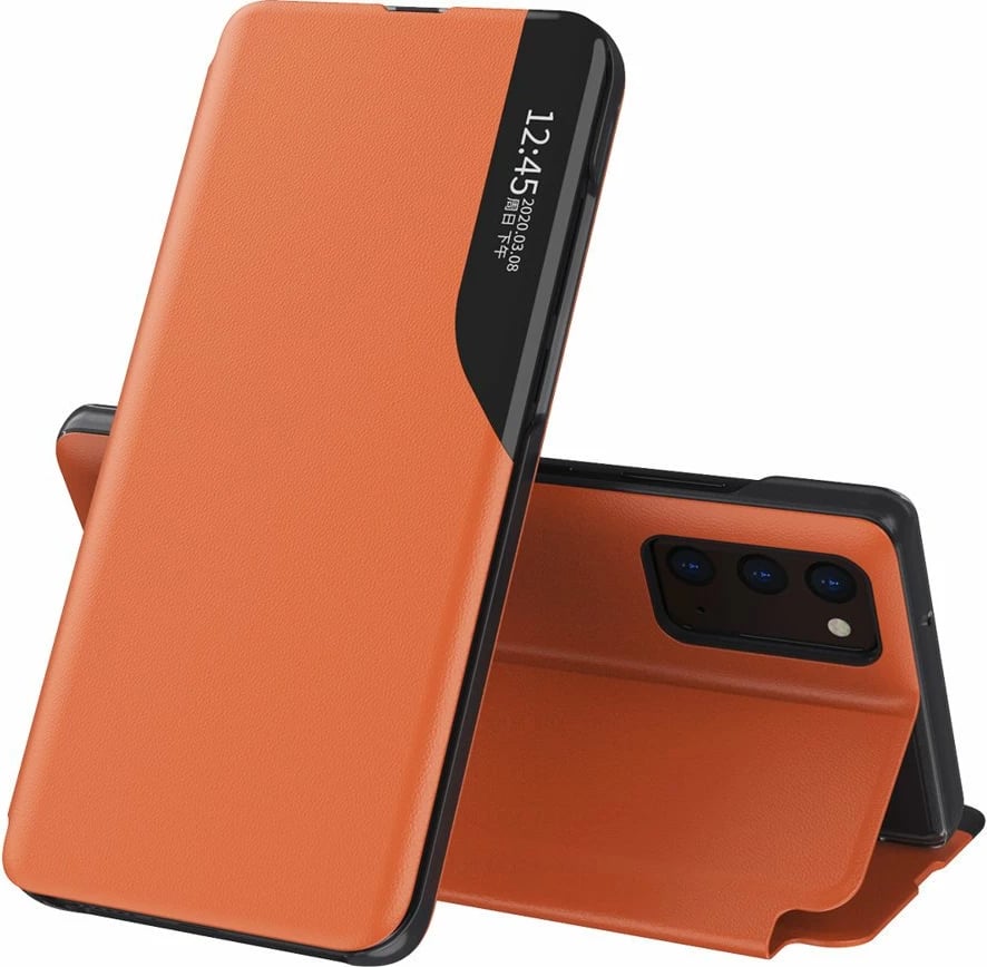 Mbështjellës Hurtel Eco Leather View Case për Samsung Galaxy A72, me kapak dhe qëndrim, portokalli