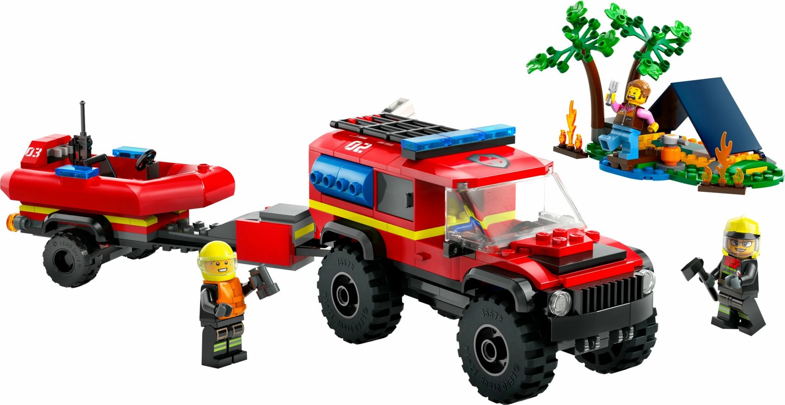 Set ndërtimi LEGO City 4x4 Kamion Zjarri me Varkë Shpëtimi 301 pjesë, multingjyrësh