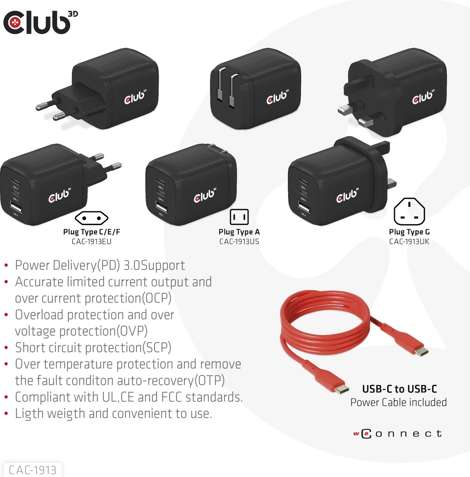 Karikues Club3D CAC-1913EU, 2xUSB Type-C, 1xUSB Type-A, PD 65W, GaN, i zi