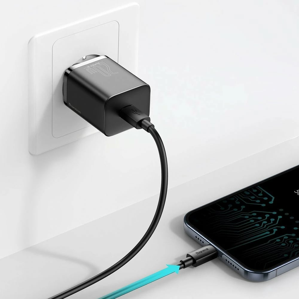 Karikues muri Baseus Super Si 1C, 20W, USB-C, me kabllo USB-C në Lightning 1m, Zi