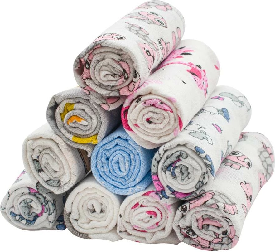 Pelena pambuku me printa, NEW BABY STANDARD 60x80 cm, set 10 copë, ngjyra të përziera