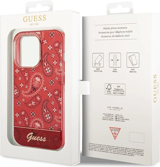 Mbështjellës Guess GUHCP14LHGBNHR për iPhone 14 Pro 6.1", Bandana Paisley, Kuq