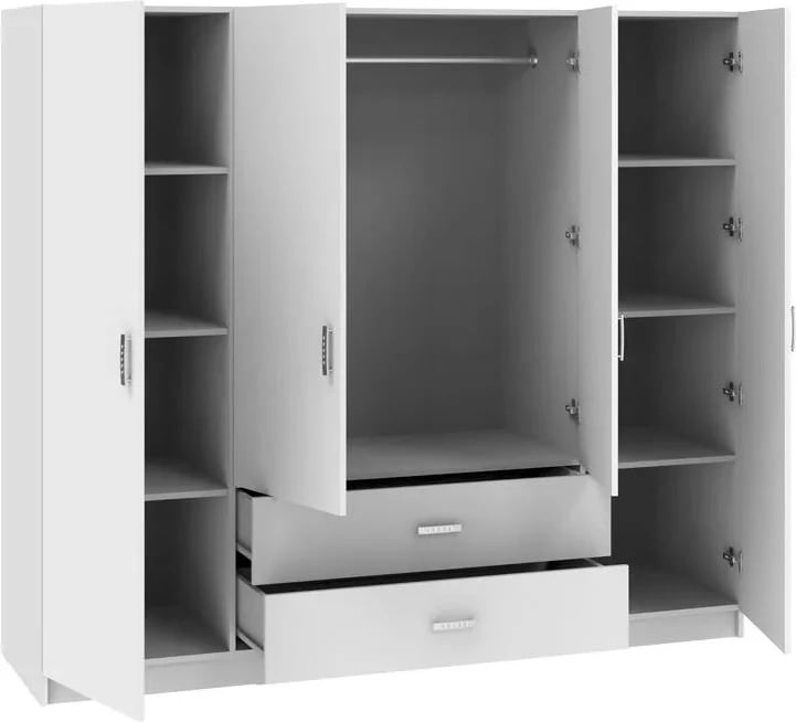 Dollap Royal me katër dyer, sirtarë dhe pjesë e sipërme, ngjyrë e bardhë, 200x58x230cm