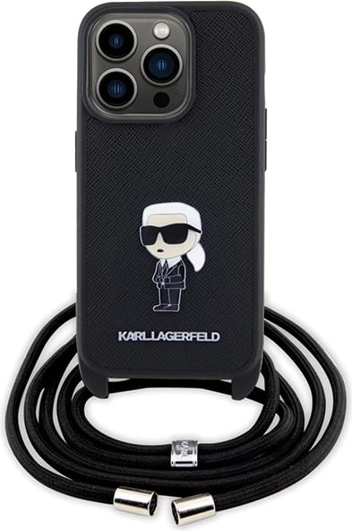 Mbështjellës Karl Lagerfeld Crossbody Saffiano Monogram Metal Pin Karl & Choupette për iPhone 15 Pro, e zezë