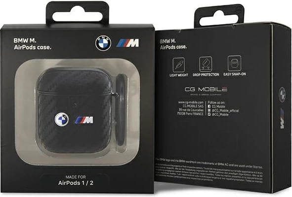 Mbështjellës BMW Carbon Double Metal Logo për AirPods 1/2, me karabiner, i zi
