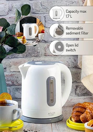 Çajnik elektrik, Adler, AD 1234, 1.7 L, plastikë, i bardhë
