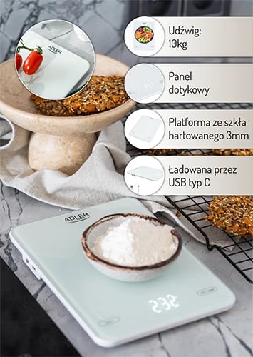 Peshore kuzhine, Adler, AD 3177, kapacitet 10kg, USB Type-C e rikarikueshme, platformë xhami 16x22cm, e bardhë