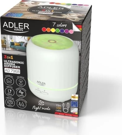 Difuzer arome ultrasonik USB 3-në-1, Adler, AD 7968, 100 ml, deri 25 m2, ndriçim 7 ngjyra, auto-off, i bardhë