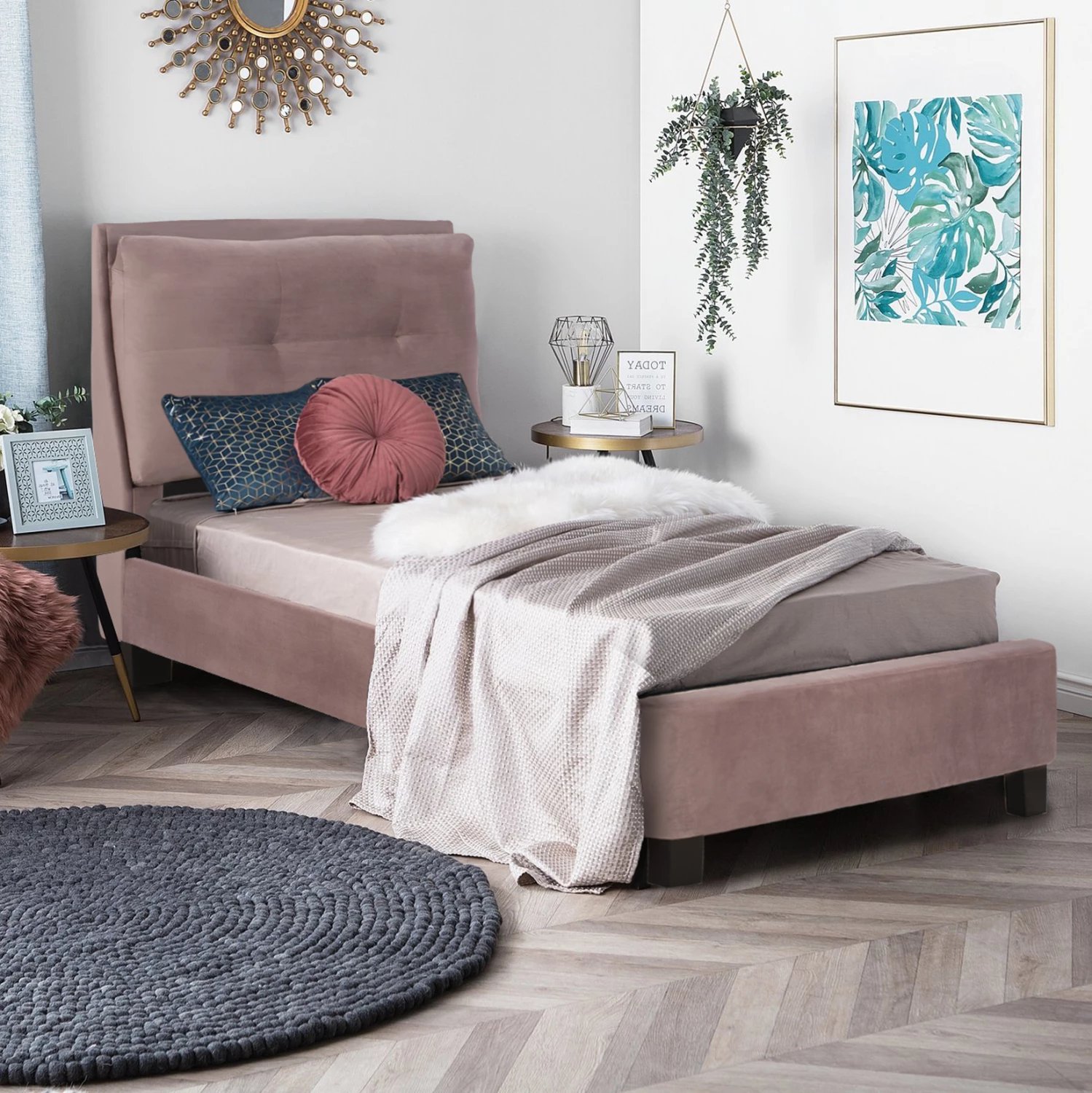 Krevat Riley FH561.02 90x200cm, stof kadife ngjyrë rozë e pluhurosur