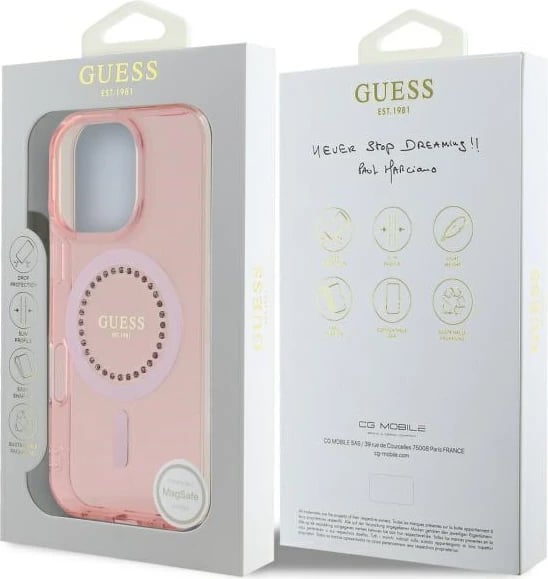 Mbështjellës Guess IML Rhinestones për iPhone 16 Pro Max, MagSafe, Rozë