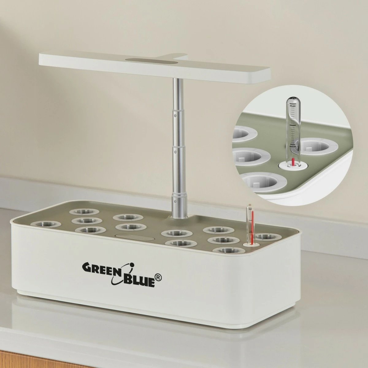 Sistem smart për kultivim të brendshëm, GreenBlue GB133, 12 vende, pompë e qetë, tregues niveli uji, e bardhë