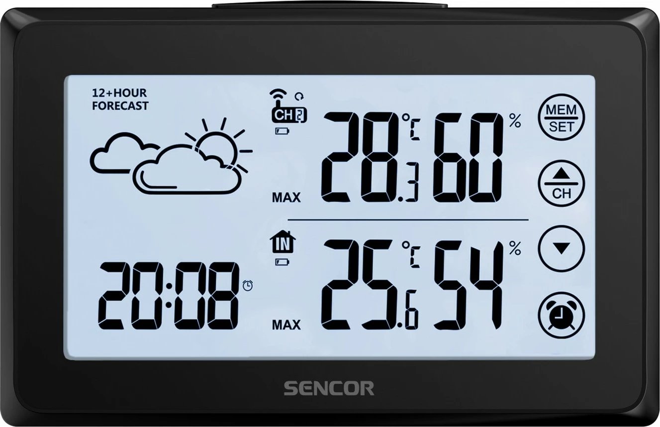 Stacion moti Sencor SWS 2850 me ekran me prekje, orë alarmi, 1 sensor i jashtëm, Zi