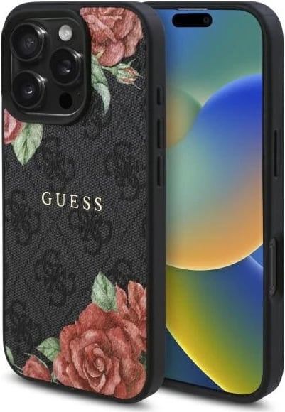 Mbështjellës Guess GUHMP16LP4ROPEMCK për iPhone 16 Pro 6.3", 4G Flowers Print MagSafe, zi
