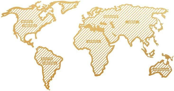 Aksesor dekorativ metalik për mur, hartë bote me vija, ngjyrë ari, 120x65cm