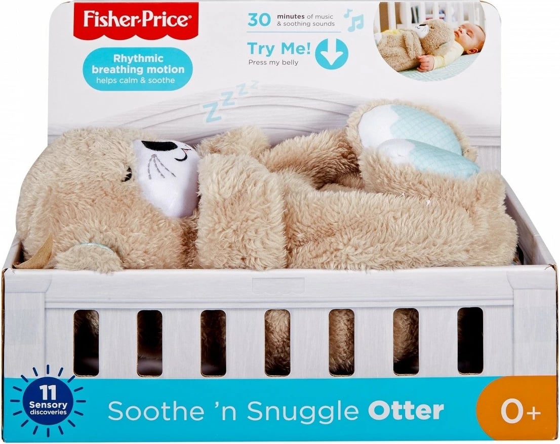 Lodër pelushi Fisher Price Cuddle Sleepy Wydra, FXC66, për foshnje, me muzikë dhe dritë, Azure/Gri/Bardhë
