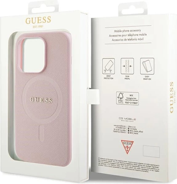 Mbështjellës Guess GUHMP14XPSAHMCP për iPhone 14 Pro Max, Saffiano MagSafe, rozë