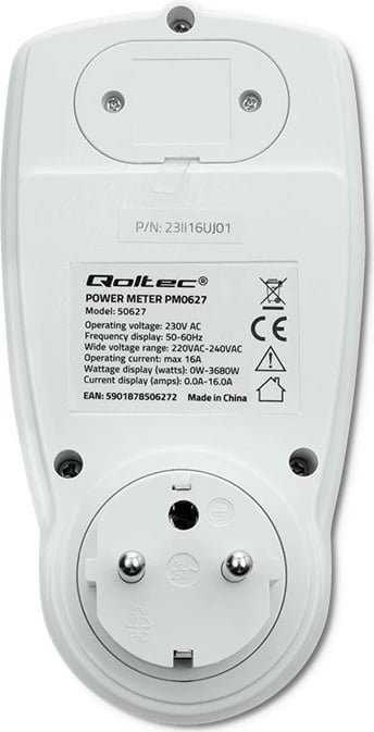 Matës i konsumit të energjisë Qoltec PM0627, 3680W, 16A, LCD, Bardhë