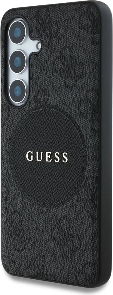 Mbështjellës Guess 4G Round Patch Classic Logo MagSafe për Samsung Galaxy S25, i zi