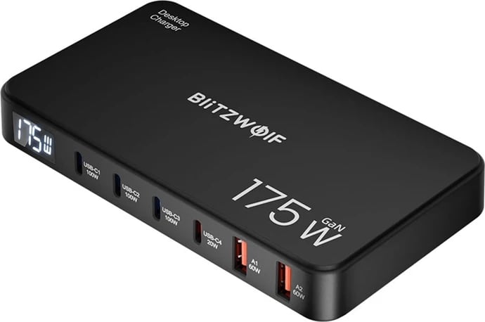 Stacion karikimi Blitzwolf BW-S30, 6-në-1, 4xUSB-C + 2xUSB-A, 175W, i zi