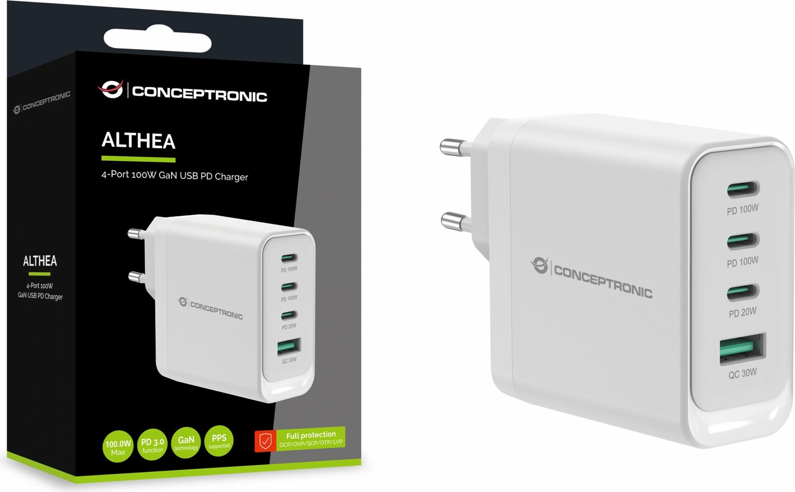 Karikues Conceptronic 4 porta GaN, 3x USB-C, 1x USB-A, 100W, i bardhë