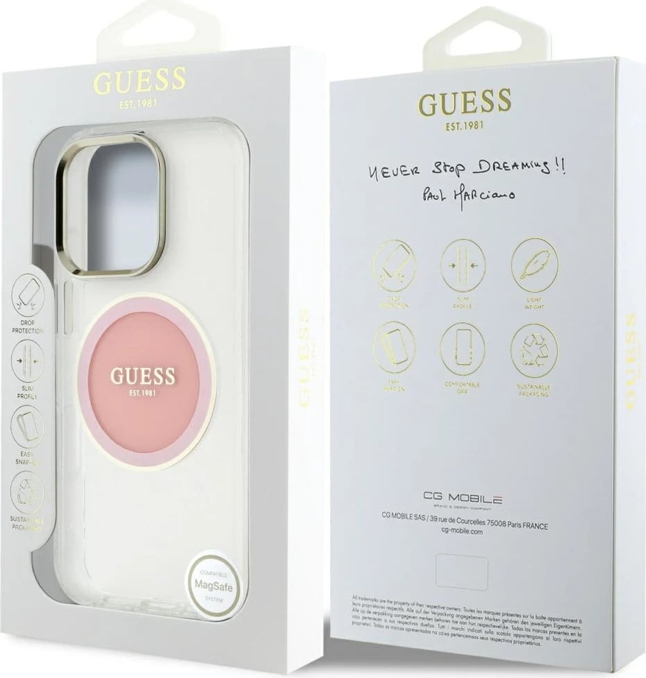 Mbështjellës Guess IML Metal Colored Circle Classic Logo MagSafe për iPhone 16 Pro, Rozë