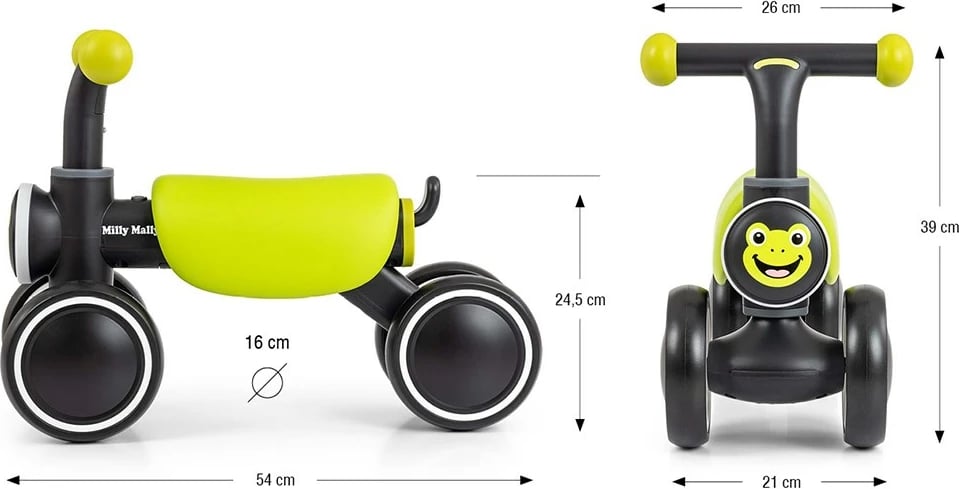 bicikletë balancuese fëmijësh, Milly Mally, York, 4 rrota, dritë LED dhe tinguj, 12–36 muaj, deri 25 kg, jeshile