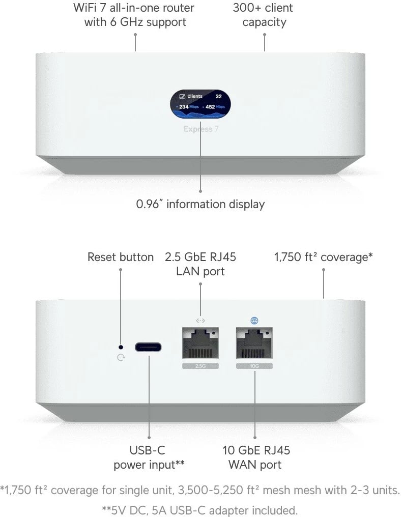 Gateway Ubiquiti UniFi Express 7 UX7, Wi-Fi 7, i bardhë