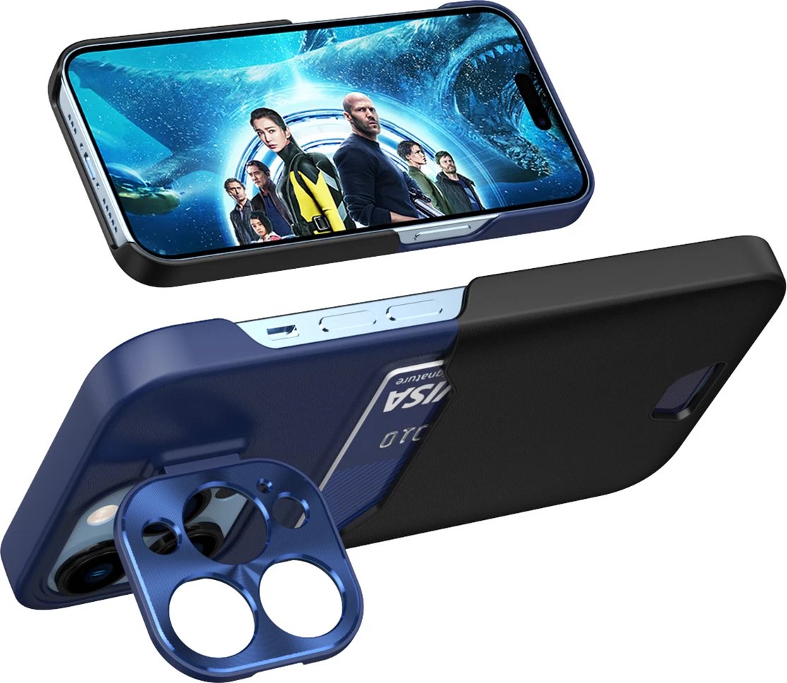 Mbështjellës Hurtel Leather Stand Case për iPhone 14 Pro Max, me xhep për kartela dhe stand, Kaltër