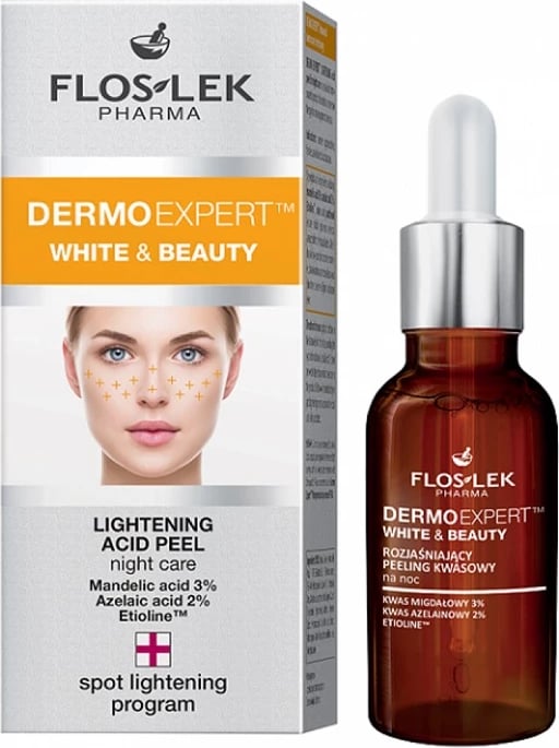 Peeling acid për fytyrë për femra Floslek Dermo Expert White & Beauty Brightening Acid Peel for Night, 30ml
