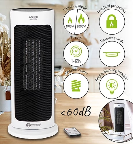 Ngrohës kullë Adler AD 7738, qeramik, 2000W, LED, telekomandë, timer 1-12h, i bardhë